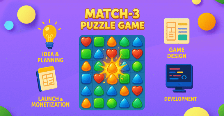 Firefly Create a colorful 16-9 digital illustration for a blog header titled ‘How to Make a Match-3